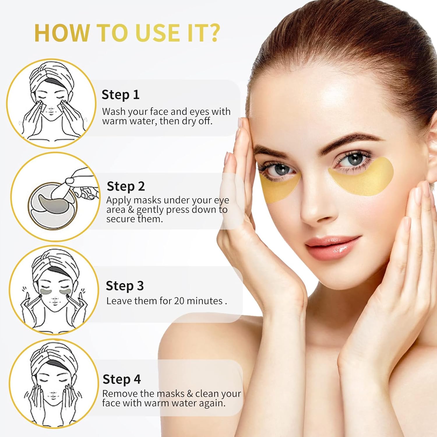NAZANO 24K Gold Under Eye Patches - 60 Pack Eye Masks | for Puffy Eyes, Dark Circles, Bags & Wrinkles with Collagen & Hyaluronic Acid - Eye Care Pads for Daily Skincare (Gold)