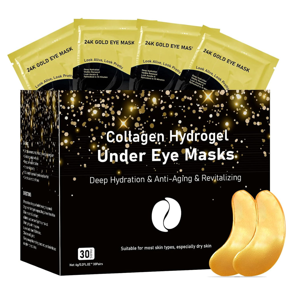 Adofect Collagen Powder Eye Mask 30 Pairs Gold Under Eye Gel Pads, Hyaluronic Acid Under Eye Mask Gel Patches for Puffy Eye Reducing Dark Circles, Eye Bags, Wrinkle, Refresh Your Eyes, Gold