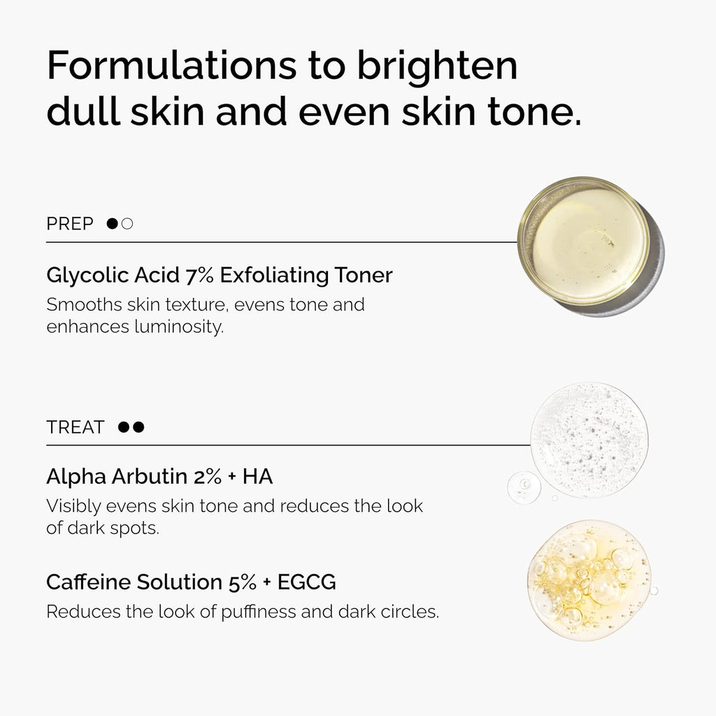 The Ordinary The Bright Set, 3-Step Regimen for Radiant, Even Skin Tone with Glycolic Acid 7% Exfoliating Toner, Alpha Arbutin 2% + HA, and Caffeine Solution 5% + EGCG | Skin Care Set